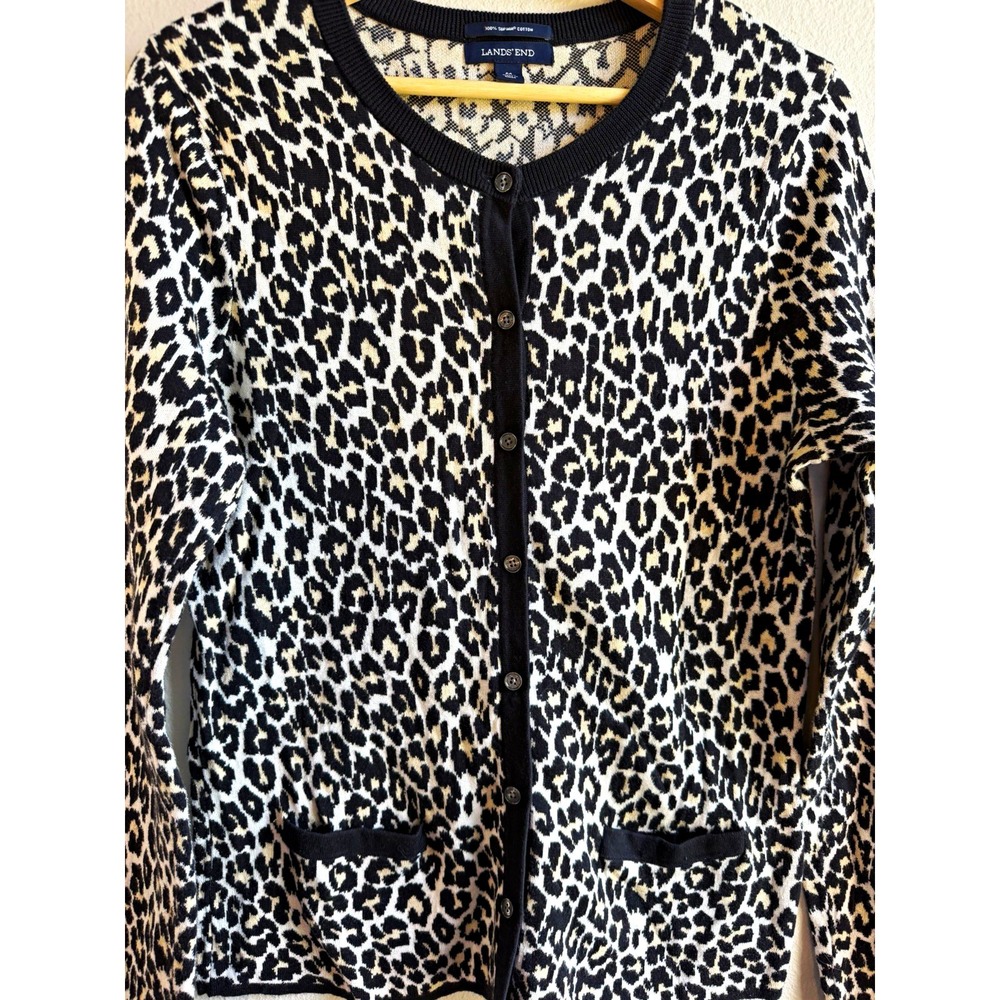 Lands' End Women's M Supima Cotton Animal Print V-Neck Button Pocket Cardigan